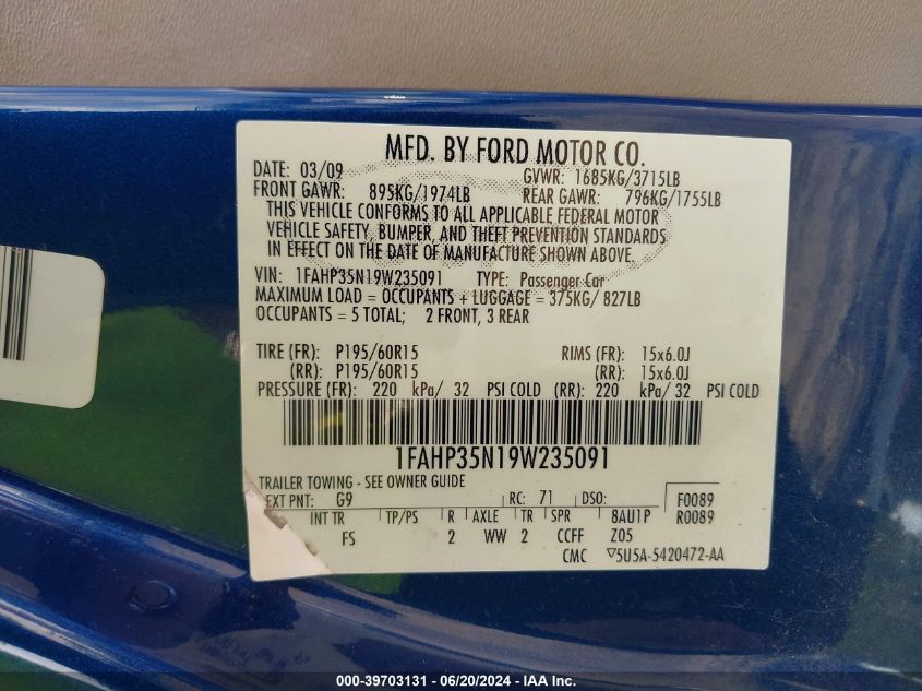 2009 Ford Focus Se VIN: 1FAHP35N19W235091 Lot: 39703131