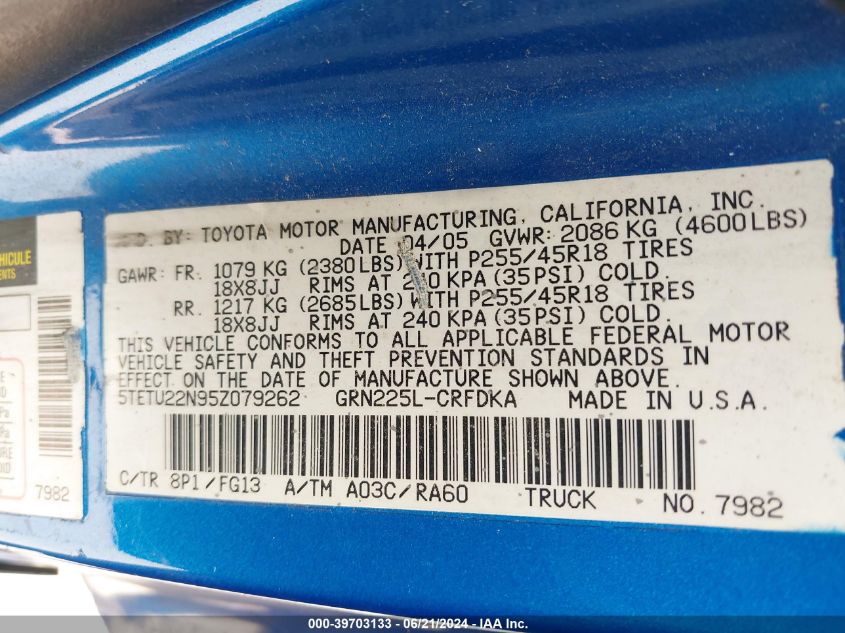 2005 Toyota Tacoma V6 VIN: 5TETU22N95Z079262 Lot: 39703133