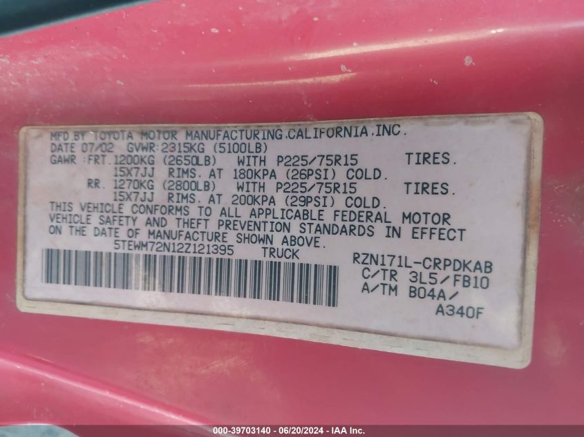 2002 Toyota Tacoma Xtracab VIN: 5TEWM72N12Z121395 Lot: 39703140