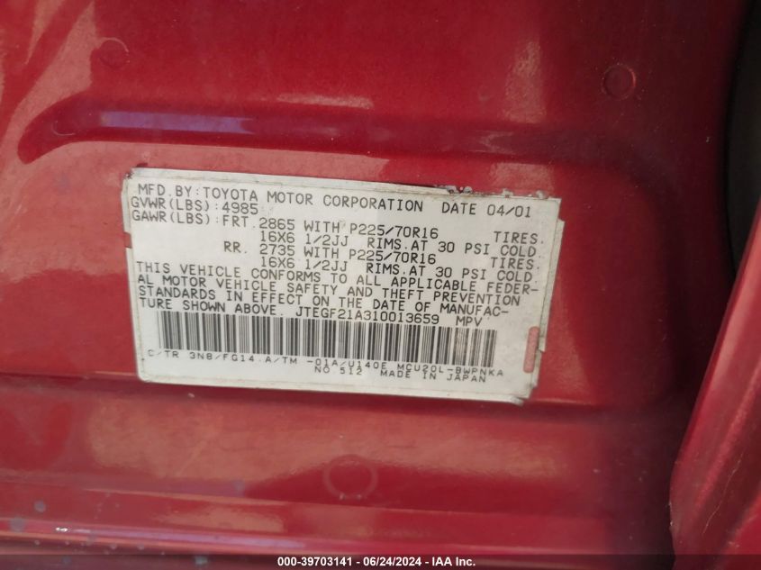 2001 Toyota Highlander V6 VIN: JTEGF21A310013659 Lot: 39703141
