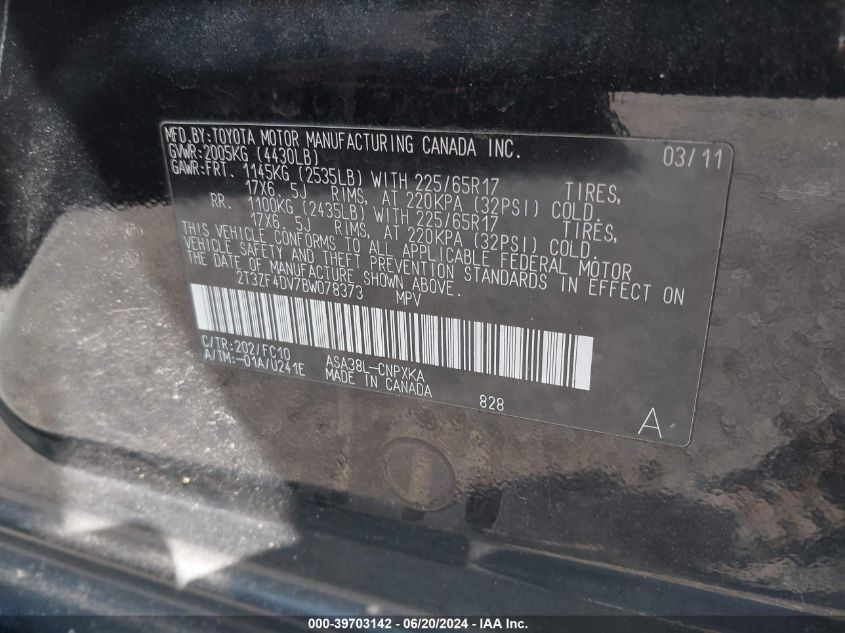 2011 Toyota Rav4 VIN: 2T3ZF4DV7BW078373 Lot: 39703142