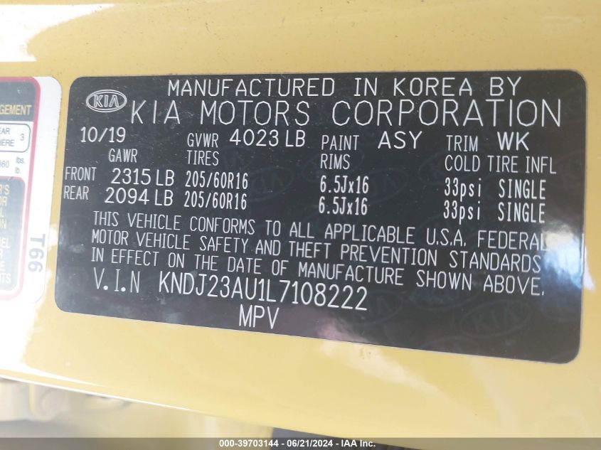 2020 Kia Soul Lx/X Line/S VIN: KNDJ23AU1L7108222 Lot: 39703144