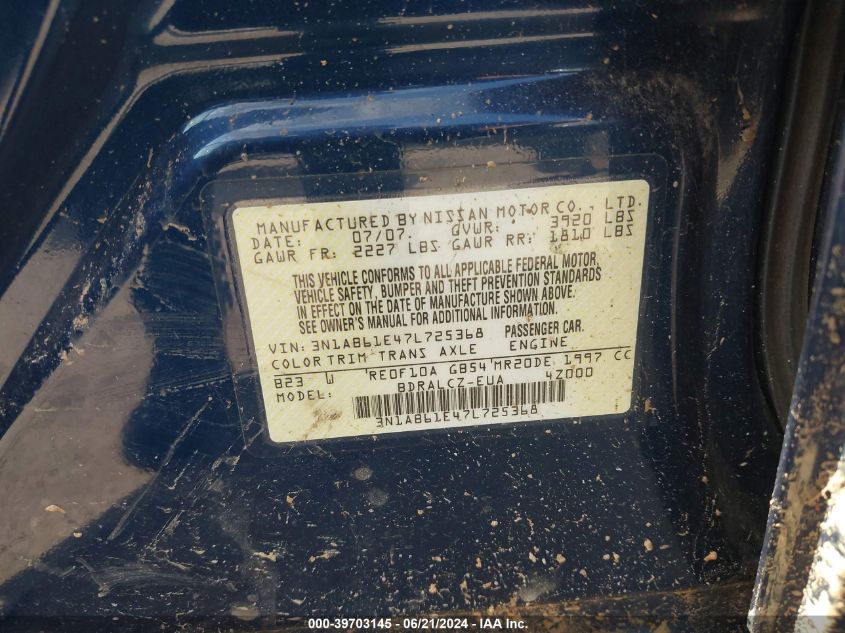2007 Nissan Sentra 2.0/2.0S/2.0Sl VIN: 3N1AB61E47L725368 Lot: 39703145