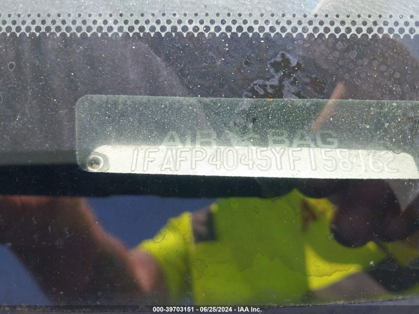 2000 Ford Mustang VIN: 1FAFP4045YF158462 Lot: 39703151