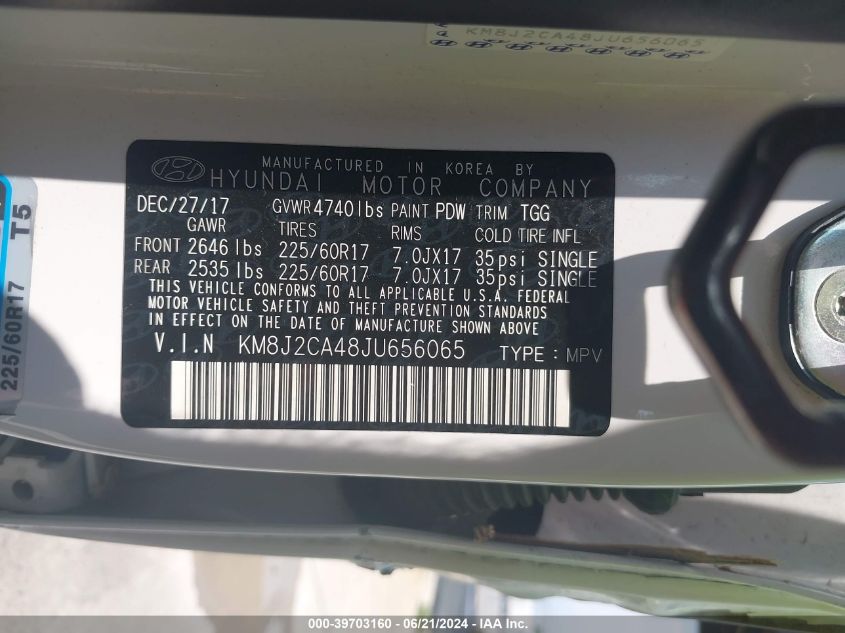 2018 Hyundai Tucson Se VIN: KM8J2CA48JU656065 Lot: 39703160