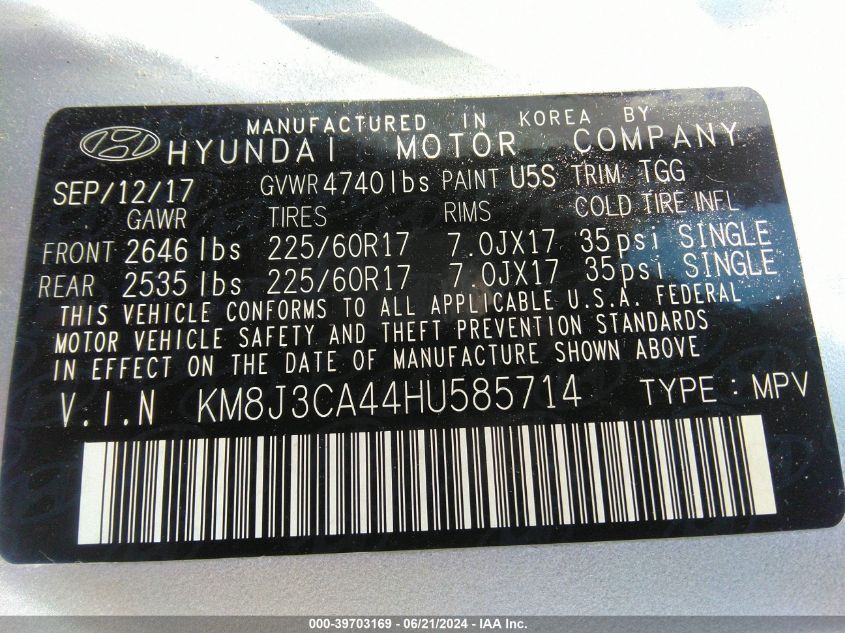 2017 Hyundai Tucson Se VIN: KM8J3CA44HU585714 Lot: 39703169