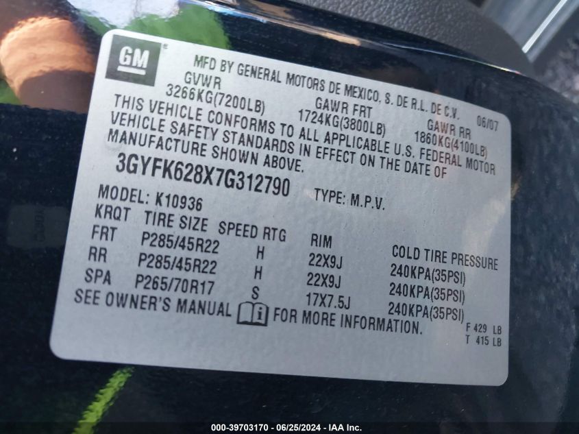 3GYFK628X7G312790 2007 Cadillac Escalade Ext Standard