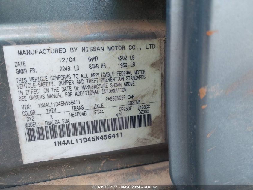 2005 Nissan Altima S/Sl VIN: 1N4AL11D45N456411 Lot: 39703177