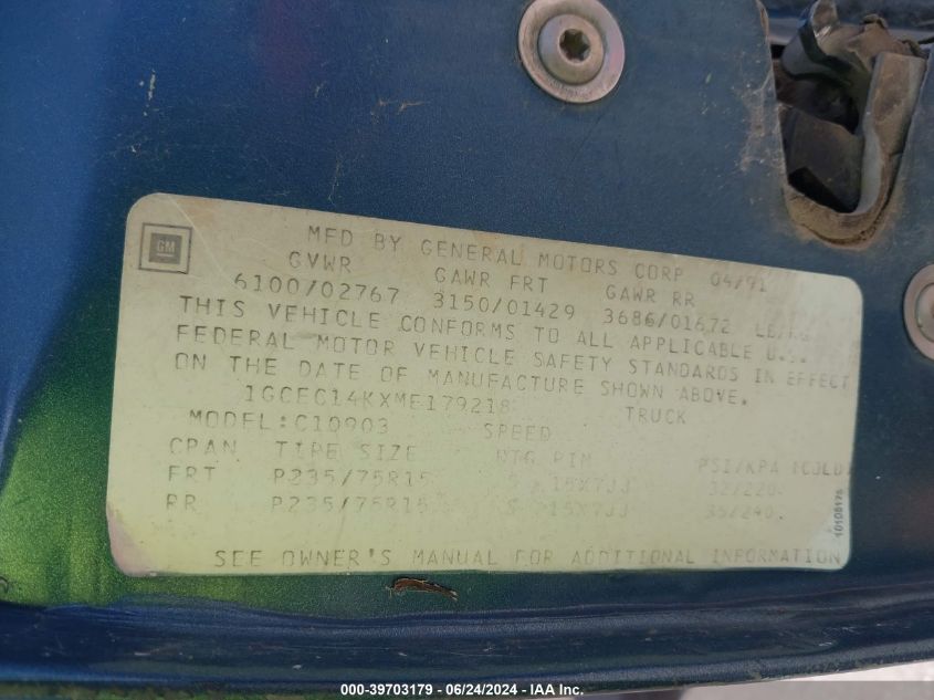 1991 Chevrolet Gmt-400 C1500 VIN: 1GCEC14KXME179218 Lot: 39703179