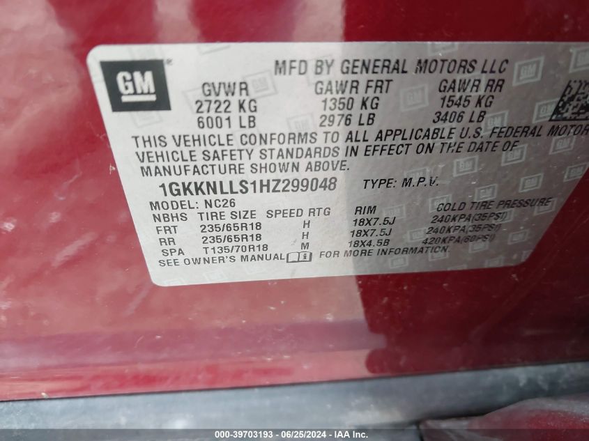 2017 GMC Acadia Sle-2 VIN: 1GKKNLLS1HZ299048 Lot: 39703193