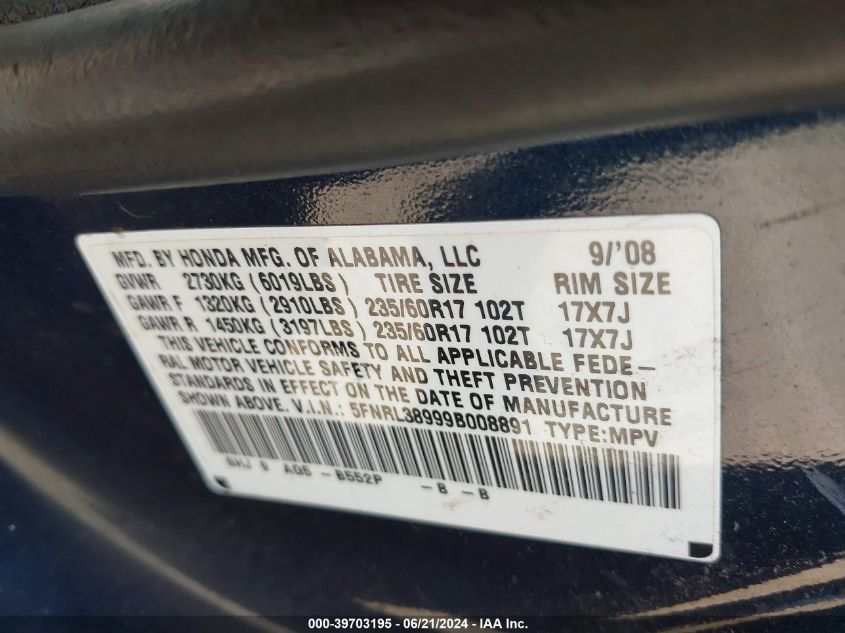 2009 Honda Odyssey Touring VIN: 5FNRL38999B008891 Lot: 39703195