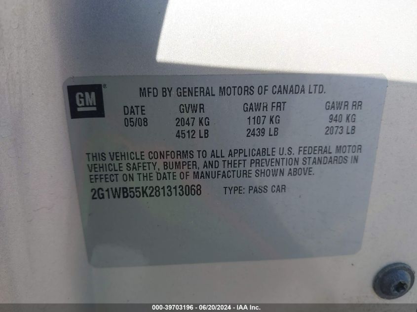 2008 Chevrolet Impala Ls VIN: 2G1WB55K281313068 Lot: 39703196