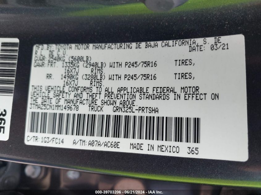 2021 Toyota Tacoma Double Cab/Sr5/Trd Sport/ VIN: 3TMAZ5CN1MM149678 Lot: 39703206