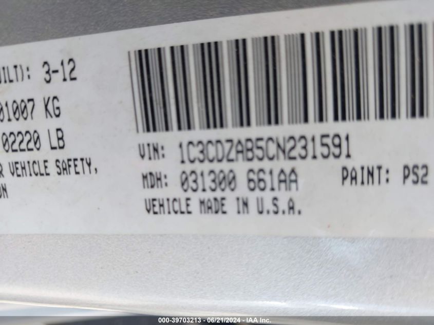 2012 Dodge Avenger Se VIN: 1C3CDZAB5CN231591 Lot: 39703213