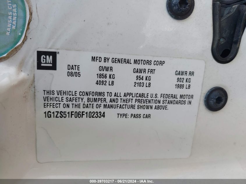 2006 Chevrolet Malibu Ls VIN: 1G1ZS51F06F102334 Lot: 39703217