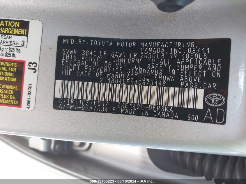 2011 Toyota Corolla S VIN: 2T1BU4EE6BC673148 Lot: 39703223