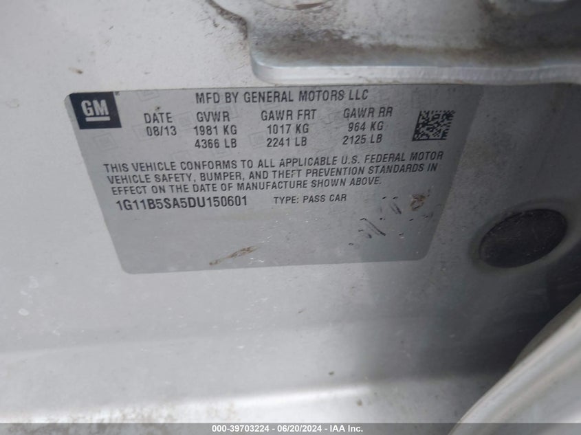 2013 Chevrolet Malibu Ls VIN: 1G11B5SA5DU150601 Lot: 39703224