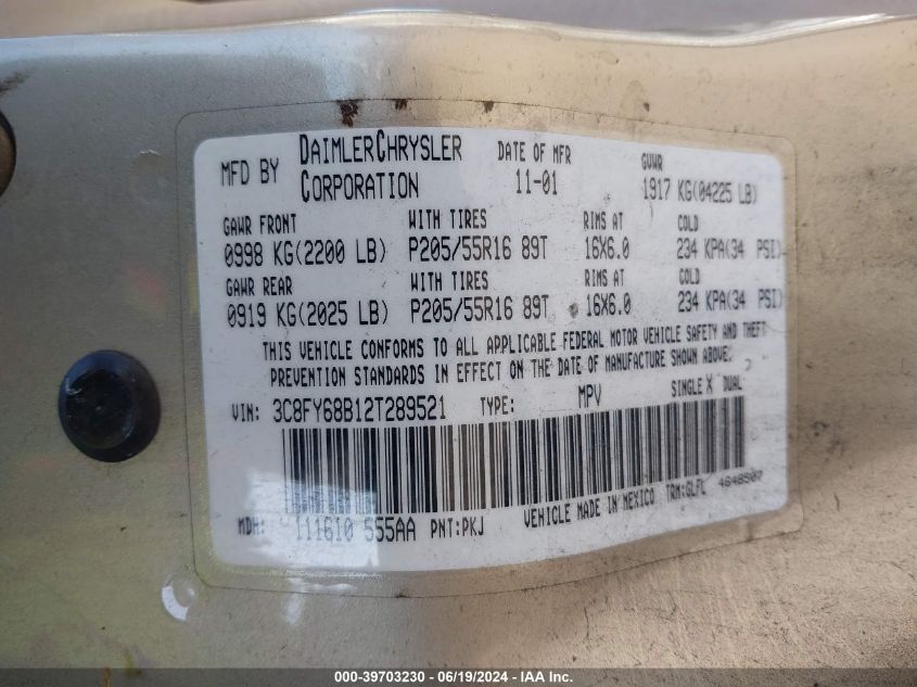 2002 Chrysler Pt Cruiser Limited VIN: 3C8FY68B12T289521 Lot: 39703230