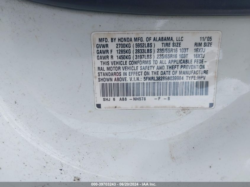 2006 Honda Odyssey Lx VIN: 5FNRL38286B039984 Lot: 39703243