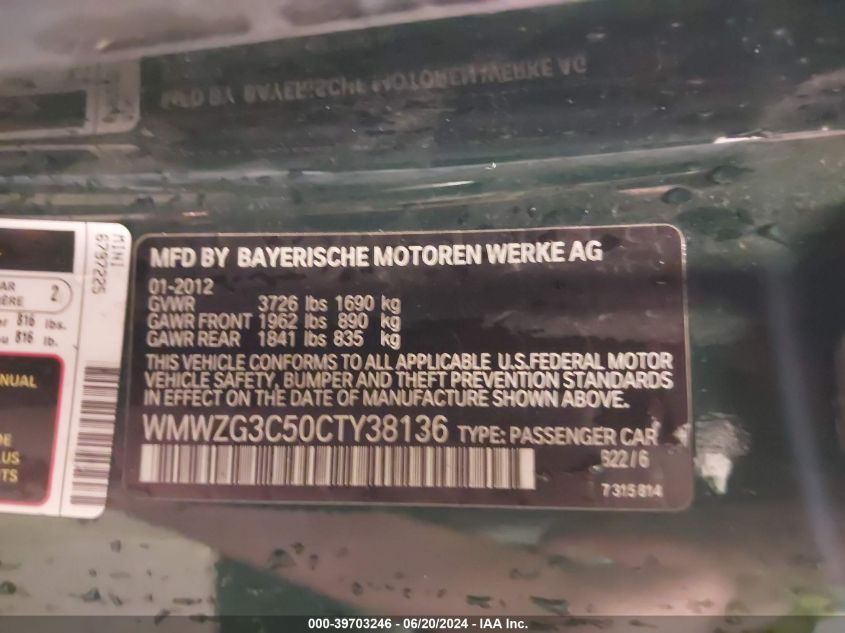 2012 Mini Cooper S Clubman VIN: WMWZG3C50CTY38136 Lot: 39703246