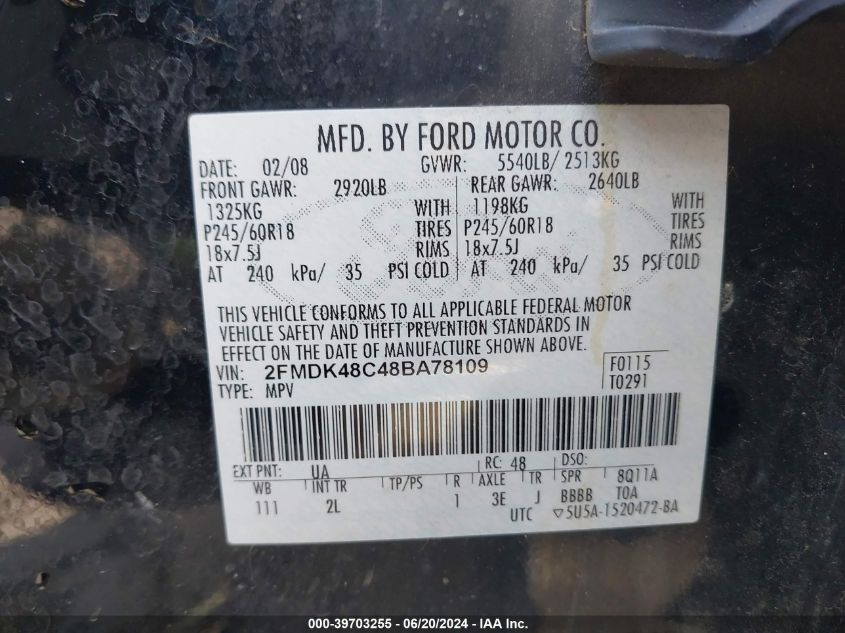 2008 Ford Edge Sel VIN: 2FMDK48C48BA78109 Lot: 39703255