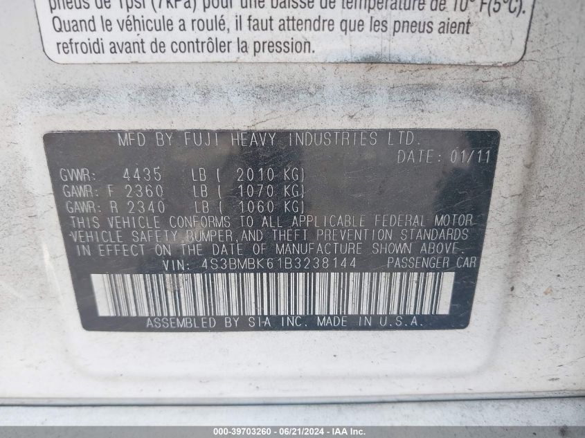 2011 Subaru Legacy 2.5I Limited VIN: 4S3BMBK61B3238144 Lot: 39703260