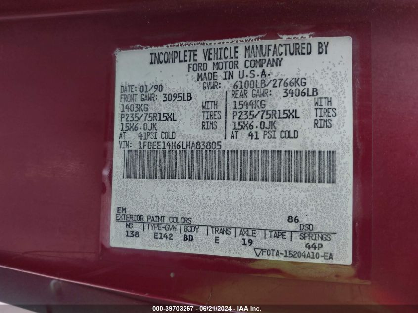 1990 Ford Econoline E150 Van VIN: 1FDEE14H6LHA83805 Lot: 39703267