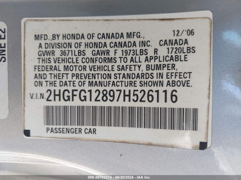 2007 Honda Civic Ex VIN: 2HGFG12897H526116 Lot: 39703274