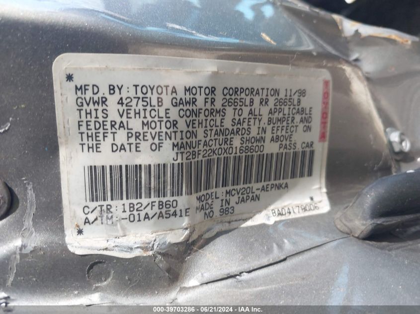 1999 Toyota Camry Le/Xle VIN: JT2BF22K0X0168600 Lot: 39703286