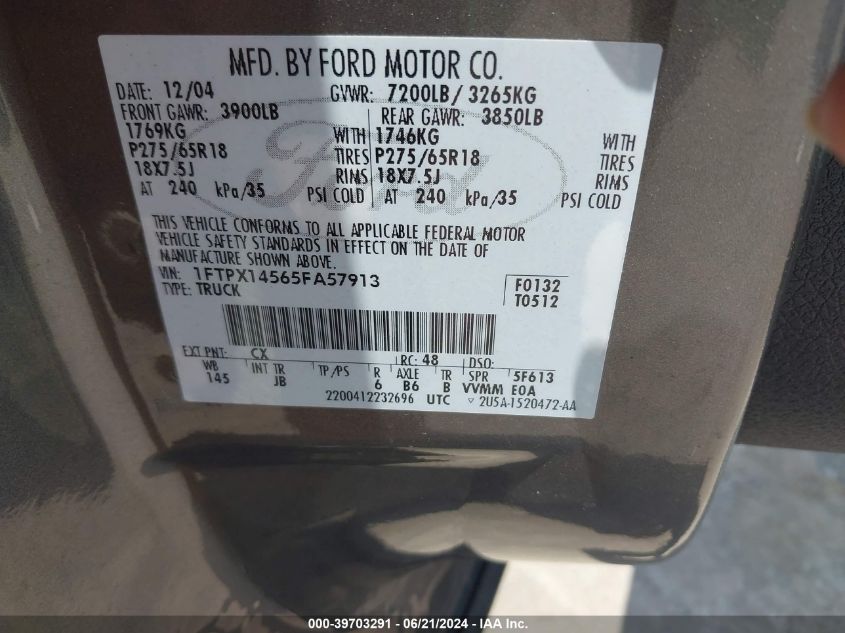 2005 Ford F150 VIN: 1FTPX14565FA57913 Lot: 39703291