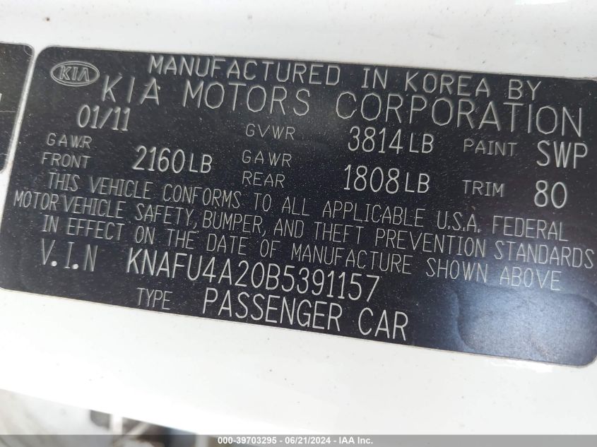 2011 Kia Forte Ex VIN: KNAFU4A20B5391157 Lot: 39703295