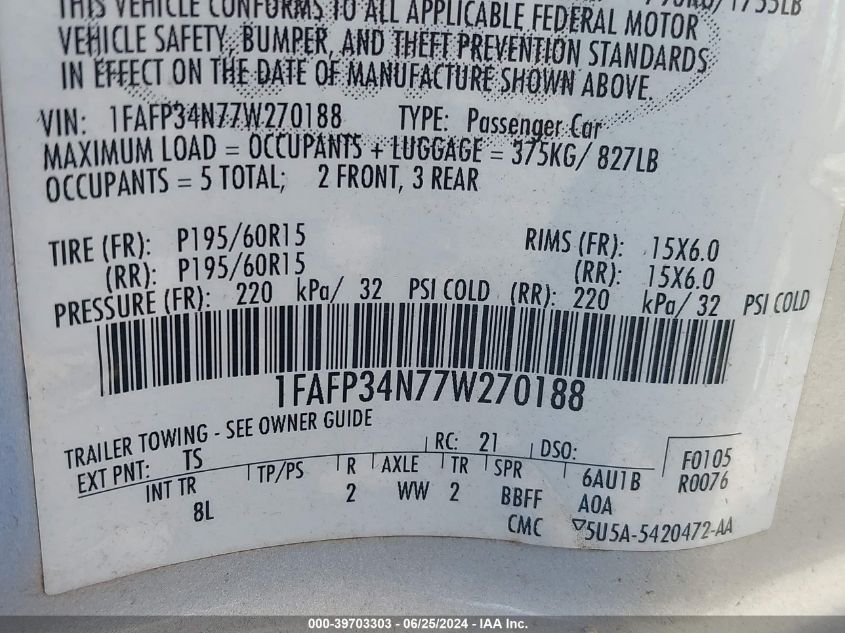 1FAFP34N77W270188 2007 Ford Focus S/Se/Ses