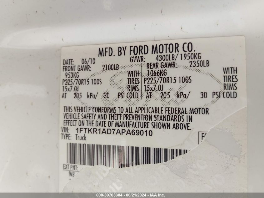 2010 Ford Ranger Xl/Xlt VIN: 1FTKR1AD7APA69010 Lot: 39703304