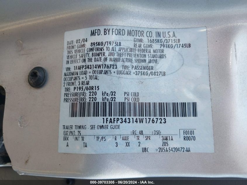 2004 Ford Focus Se VIN: 1FAFP34314W176723 Lot: 39703305