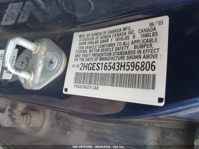 2003 Honda Civic Lx VIN: 2HGES16543H596806 Lot: 39703306