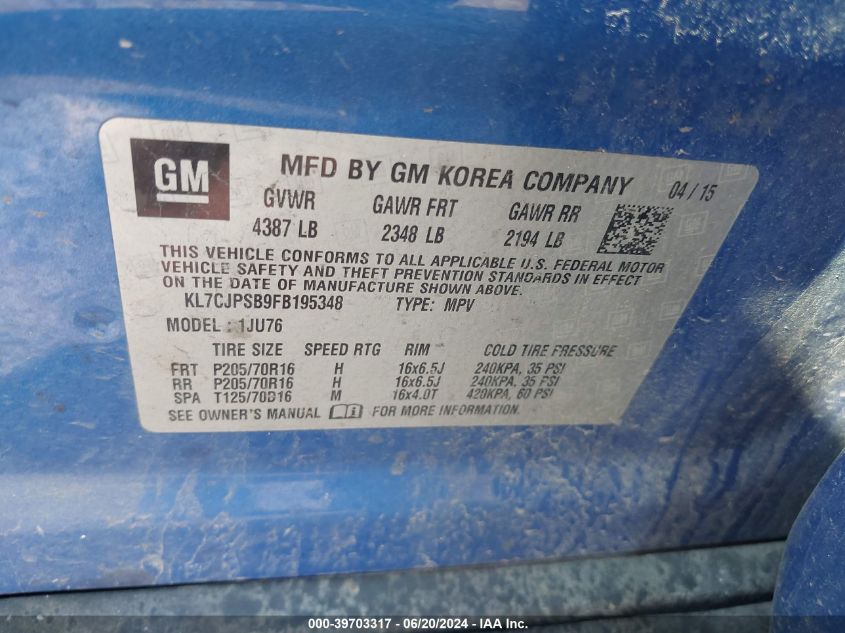 2015 Chevrolet Trax 1Ls VIN: KL7CJPSB9FB195348 Lot: 39703317