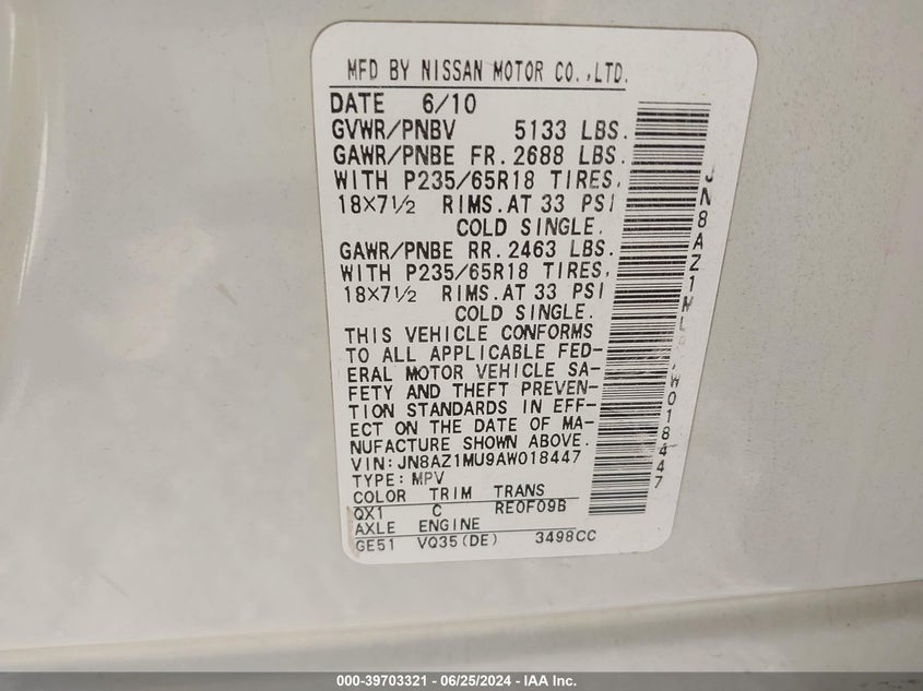 2010 Nissan Murano S/Sl/Le VIN: JN8AZ1MU9AW018447 Lot: 39703321