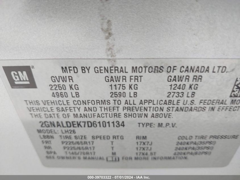 2013 Chevrolet Equinox 1Lt VIN: 2GNALDEK7D6101134 Lot: 39703322