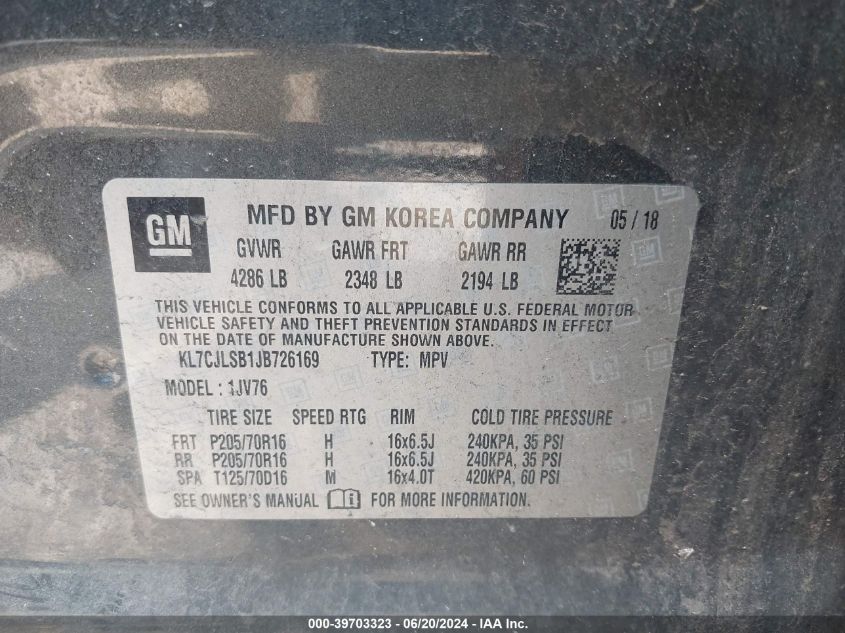 2018 Chevrolet Trax 1Lt VIN: KL7CJLSB1JB726169 Lot: 39703323