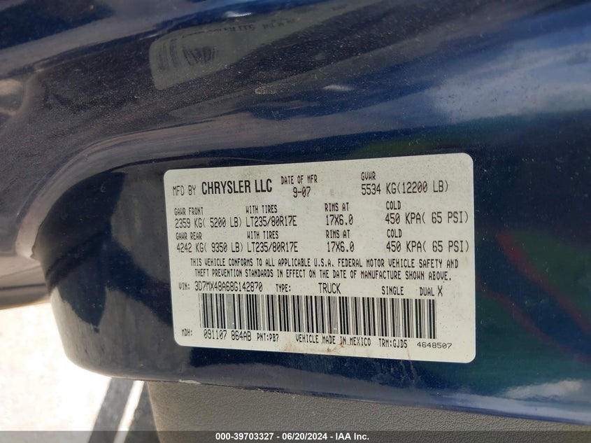 2008 Dodge Ram 3500 Laramie VIN: 3D7MX48A68G142870 Lot: 39703327