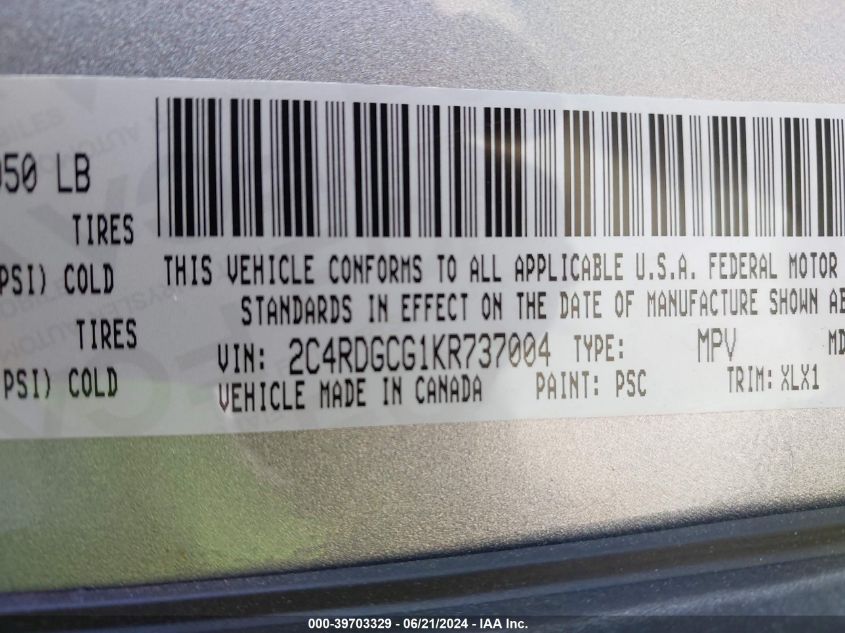 2019 Dodge Grand Caravan Sxt VIN: 2C4RDGCG1KR737004 Lot: 39703329