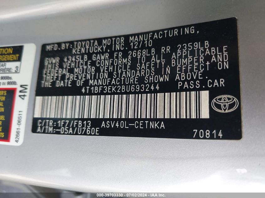 2011 Toyota Camry VIN: 4T1BF3EK2BU693244 Lot: 39703330