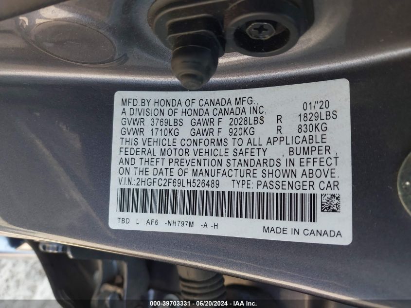 2020 Honda Civic Lx VIN: 2HGFC2F69LH526489 Lot: 39703331