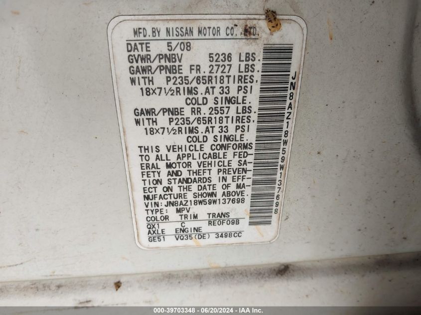 2009 Nissan Murano Sl VIN: JN8AZ18W59W137698 Lot: 39703348