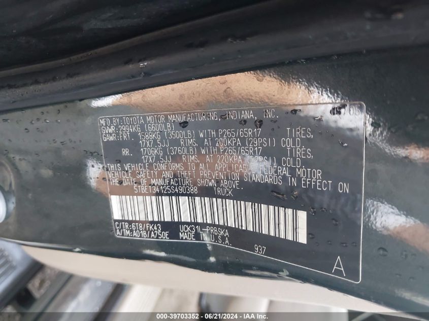 2005 Toyota Tundra Double Cab Sr5 VIN: 5TBET34125S490388 Lot: 39703352