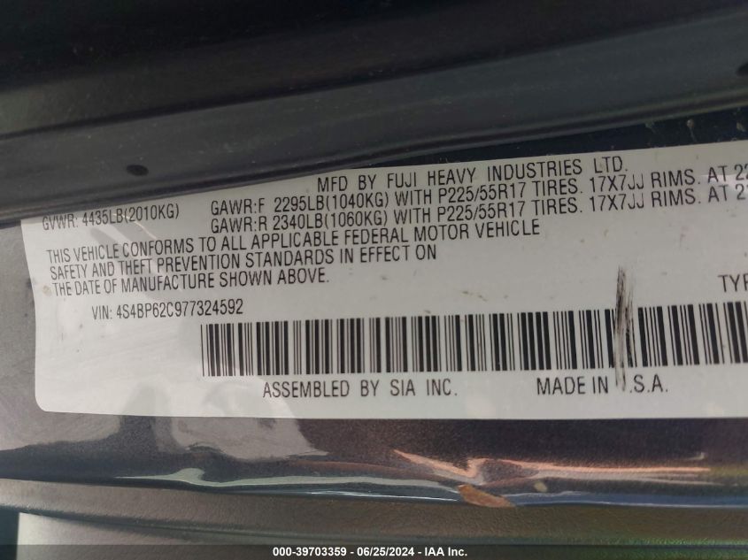 2007 Subaru Outback 2.5I Limited VIN: 4S4BP62C977324592 Lot: 39703359