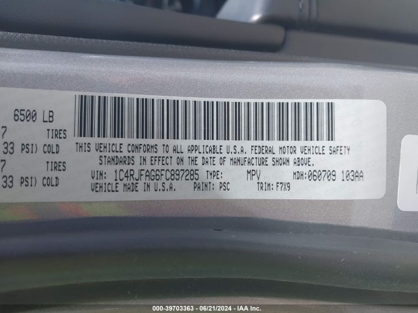 2015 Jeep Grand Cherokee Laredo VIN: 1C4RJFAG6FC897285 Lot: 39703363