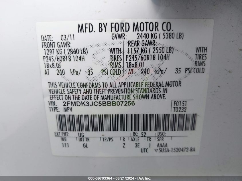 2011 Ford Edge Sel VIN: 2FMDK3JC5BBB07256 Lot: 39703364