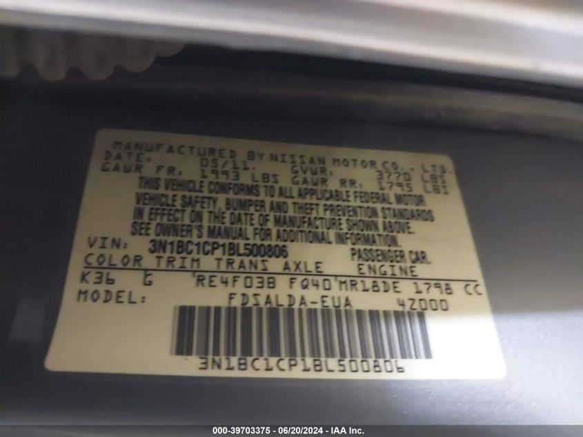 2011 Nissan Versa 1.8S VIN: 3N1BC1CP1BL500806 Lot: 39703375