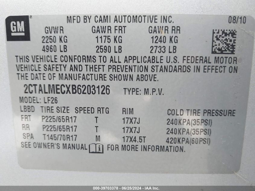 2011 GMC Terrain Sle-1 VIN: 2CTALMECXB6203126 Lot: 39703378